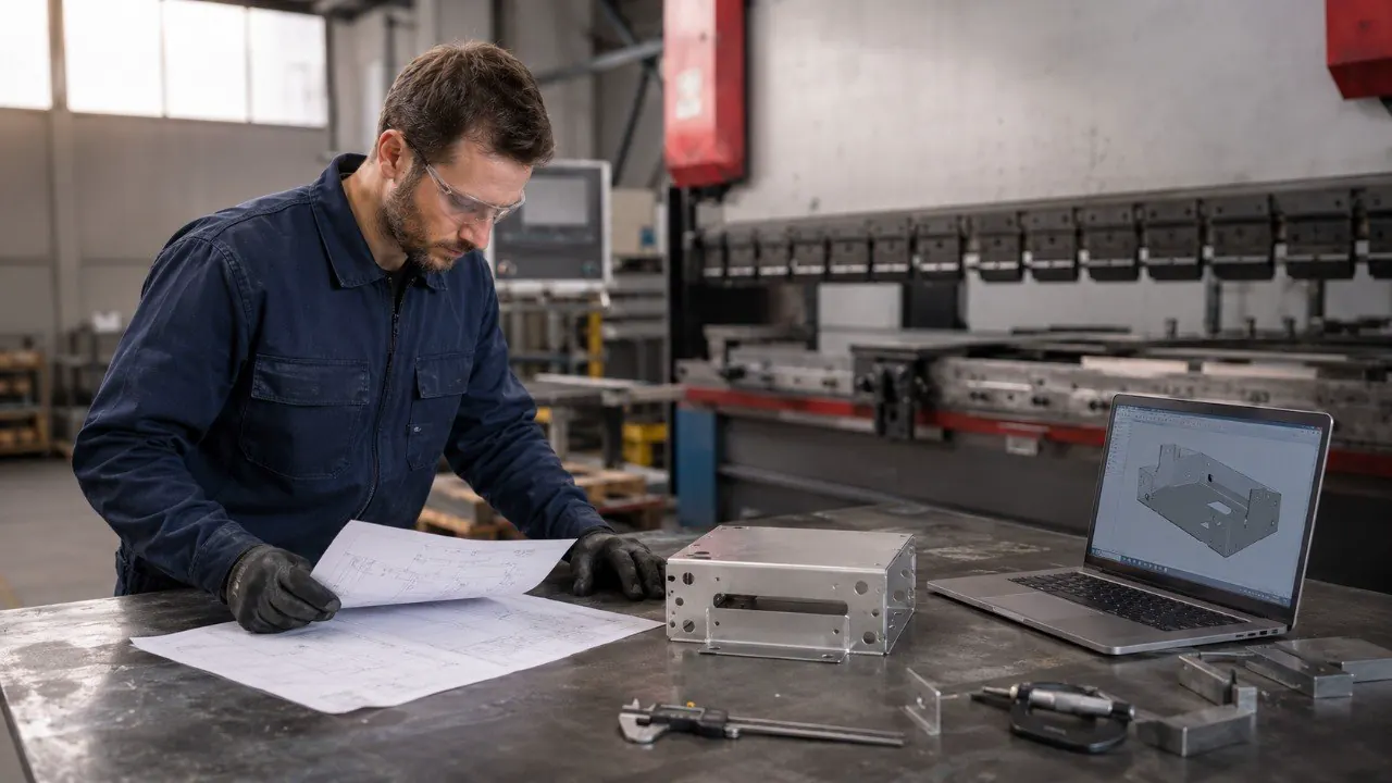 Technicien contrôlant un plan avec une pièce pliée et une modélisation CAO