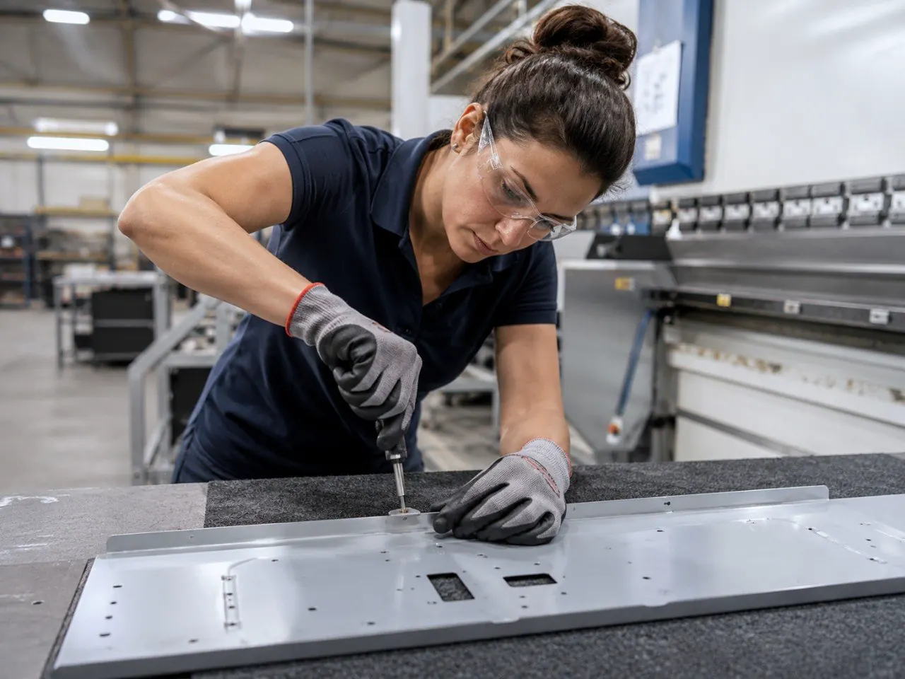 Opératrice assemblant une pièce de tôlerie fine sur établi