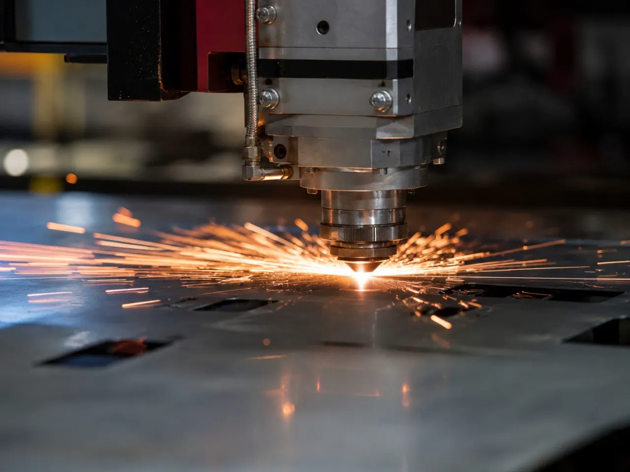 Tête de découpe laser travaillant une tôle avec projections lumineuses