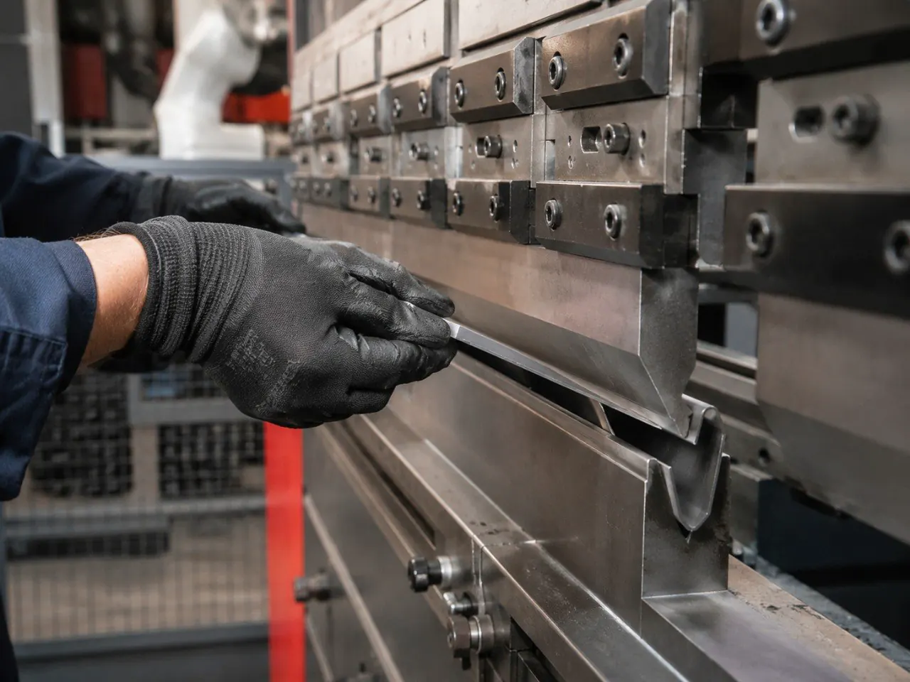Opérateur positionnant une tôle fine sur une presse plieuse industrielle
